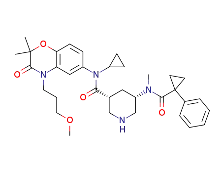 Molecular Structure of 920295-82-5 (3-Piperidinecarboxamide,
N-cyclopropyl-N-[3,4-dihydro-4-(3-methoxypropyl)-2,2-dimethyl-3-oxo-2
H-1,4-benzoxazin-6-yl]-5-[methyl[(1-phenylcyclopropyl)carbonyl]amino]-,
(3R,5S)-)