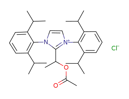 Molecular Structure of 1134205-18-7 (2-(1-acetoxy-1-ethyl)-1,3-bis(2,6-diisopropylphenyl)imidazolium chloride)