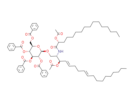 Molecular Structure of 262592-98-3 ((2S,3R,4E,8E,2'R)-2-(2'-acetoxyhexadecanoyl)amino-3-O-acetyl-1-O-(2,3,4,6-tetra-O-benzoyl-β-D-glucopyranosyl)-4,8-octadiene-1,3-diol)