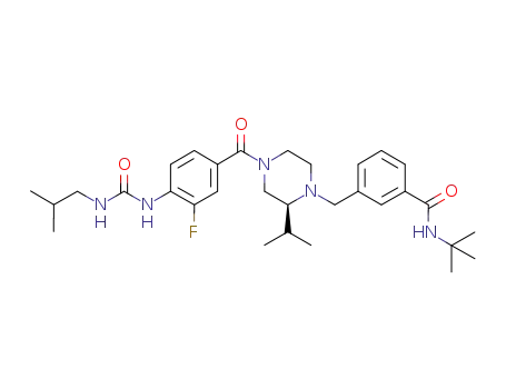 Molecular Structure of 1124214-92-1 ((S)-N-tert-butyl-3-((4-(3-fluoro-4-(3-isobutylureido)benzoyl)-2-isopropylpiperazin-1-yl)methyl)benzamide)