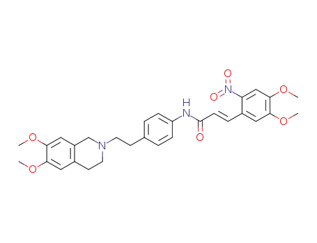 Molecular Structure of 1157878-97-1 ((E)-3-(4,5-dimethoxy-2-nitrophenyl)-N-(4-(2-(6,7-dimethoxy-3,4-dihydroisoquinolin-2(1H)-yl)ethyl)phenyl)-acrylamide)