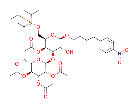 Molecular Structure of 1053489-85-2 (Acetic acid (2R,3S,4R,5R,6R)-5-hydroxy-6-[4-(4-nitro-phenyl)-butoxy]-4-((2S,3R,4R,5S,6S)-3,4,5-triacetoxy-6-methyl-tetrahydro-pyran-2-yloxy)-2-triisopropylsilanyloxymethyl-tetrahydro-pyran-3-yl ester)