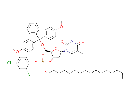 Molecular Structure of 259185-51-8 (Phosphoric acid (2R,3S,5R)-2-[bis-(4-methoxy-phenyl)-phenyl-methoxymethyl]-5-(5-methyl-2,4-dioxo-3,4-dihydro-2H-pyrimidin-1-yl)-tetrahydro-furan-3-yl ester 2,4-dichloro-phenyl ester hexadecyl ester)
