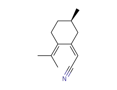 Molecular Structure of 439689-22-2 (Acetonitrile, [(5R)-5-methyl-2-(1-methylethylidene)cyclohexylidene]-, (2Z)- (9CI))