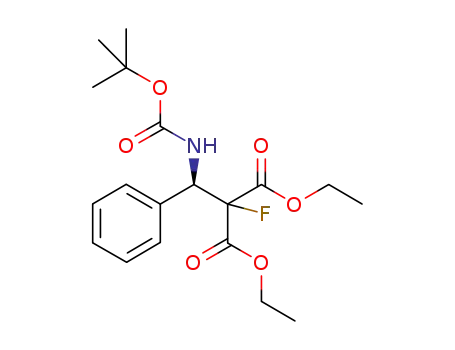 Molecular Structure of 1236292-94-6 ((R)-diethyl 2-(((tert-butoxycarbonyl)amino)(phenyl)methyl)-2-fluoromalonate)