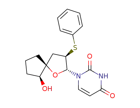 Molecular Structure of 629666-02-0 (2,4(1H,3H)-Pyrimidinedione,
1-[(2R,3R,5S,6S)-6-hydroxy-3-(phenylthio)-1-oxaspiro[4.4]non-2-yl]-)