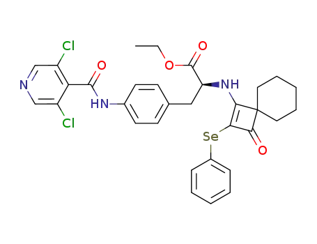 Molecular Structure of 571153-37-2 ((2S)-ethyl 2-[(2-phenylselenenyl-3-oxospiro[3.5]non-1-en-1-yl)amino]-3-{4-[(3,5-dichloroisonicotinoyl)amino]phenyl}propionate)