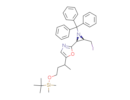Molecular Structure of 647028-87-3 (Oxazole,
5-[3-[[(1,1-dimethylethyl)dimethylsilyl]oxy]-1-methylpropyl]-2-[(2S,3R)-3-(
iodomethyl)-1-(triphenylmethyl)-2-aziridinyl]-)
