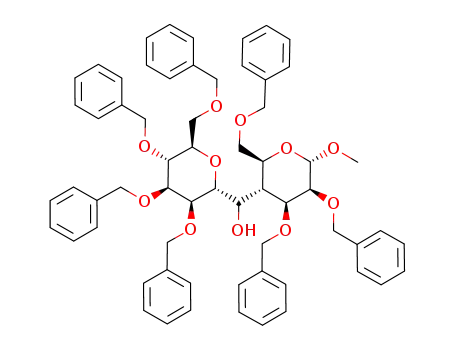 Molecular Structure of 503456-89-1 (methyl 2,3,6-tri-O-benzyl-4-deoxy-4-C-[(2',3',4',6'-tetra-O-benzyl-α-D-mannopyranosyl)(hydroxy)methyl]-α-D-mannopyranoside)