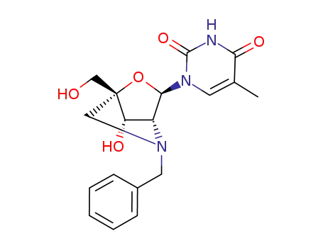 Molecular Structure of 639007-24-2 (2,4(1H,3H)-Pyrimidinedione,
1-[(1R,3R,4R,7S)-7-hydroxy-1-(hydroxymethyl)-5-(phenylmethyl)-2-oxa-
5-azabicyclo[2.2.1]hept-3-yl]-5-methyl-)