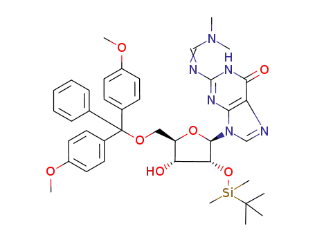 Molecular Structure of 126922-61-0 (Guanosine,
5'-O-[bis(4-methoxyphenyl)phenylmethyl]-N-[(dimethylamino)methylene]
-2'-O-[(1,1-dimethylethyl)dimethylsilyl]-)