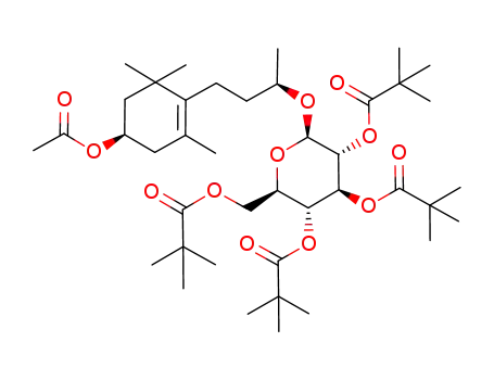 Molecular Structure of 649723-23-9 (2,2-Dimethyl-propionic acid (2R,3R,4S,5R,6R)-2-[(R)-3-((R)-4-acetoxy-2,6,6-trimethyl-cyclohex-1-enyl)-1-methyl-propoxy]-3,5-bis-(2,2-dimethyl-propionyloxy)-6-(2,2-dimethyl-propionyloxymethyl)-tetrahydro-pyran-4-yl ester)