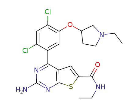 Molecular Structure of 908002-40-4 (2-amino-4-[2,4-dichloro-5-(1-ethyl-pyrrolidin-3-yloxy)phenyl]thieno[2,3-d]pyrimidine-6-carboxylic acid ethylamide)