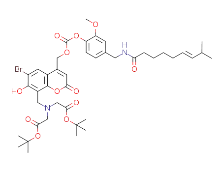 Molecular Structure of 1221557-69-2 ((E)-[8-[bis(tert-butoxycarbonylmethyl)aminomethyl]-6-bromo-7-hydroxycoumarin-4-yl]methyl 2-methoxy-4-[(8-methylnon-6-enamido)methyl]phenyl carbonate)