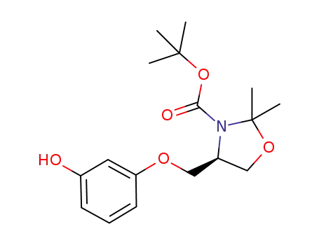 Molecular Structure of 1239586-93-6 (tert-butyl (R)-4-((3-hydroxyphenoxy)methyl)-2,2-dimethyloxazolidine-3-carboxylate)