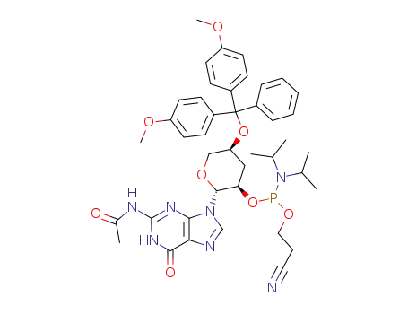 Molecular Structure of 457880-65-8 (N<sup>2</sup>-acetyl-9-[3'-deoxy-4'-O-(4,4'-dimethoxytrityl)-β-D-ribopyranosyl]guanine 2'-(2-cyanoethyl diisopropylphosphoramidite))