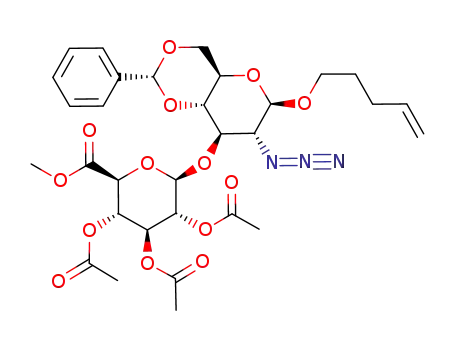Molecular Structure of 521970-83-2 (pent-4-enyl 2-azido 4,6-O-benzylidene 2-deoxy-3-O-(methyl 2,3,4-tri-O-acetyl β-D-glucopyranosyluronate)-β-D-glucopyranoside)