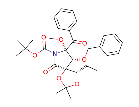 Molecular Structure of 562858-21-3 (1,3-Dioxa-7-azaspiro[4.4]nonane-7-carboxylic acid,
8-benzoyl-4-ethyl-8-methoxy-2,2-dimethyl-6-oxo-9-(phenylmethoxy)-,
1,1-dimethylethyl ester, (4S,5R,8S,9R)-)