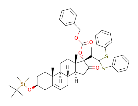Molecular Structure of 442631-46-1 (Carbonic acid benzyl ester (3S,8R,9S,10R,13S,14S,17S)-3-(tert-butyl-dimethyl-silanyloxy)-10,13-dimethyl-17-(1-methyl-2,2-bis-phenylsulfanyl-ethyl)-16-oxo-2,3,4,7,8,9,10,11,12,13,14,15,16,17-tetradecahydro-1H-cyclopenta[a]phenanthren-17-yl ester)