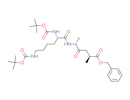 Molecular Structure of 593278-49-0 (Hexanoic acid,
5-[[(2S)-2,6-bis[[(1,1-dimethylethoxy)carbonyl]amino]-1-oxohexyl]amino]
-2-methyl-4-oxo-, phenylmethyl ester, (2S,5R)-)