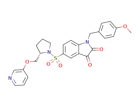 Molecular Structure of 872254-32-5 (1-(4-Methyoxybenzyl)-5-(2-(pyridin-3-yl-oxymethyl)-pyrrolidine-1-sulfonyl)-1H-indole-2,3-dione)