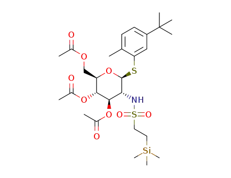 Molecular Structure of 1293911-40-6 (3,4,6-tri-O-acetyl-1,2-dideoxy-1-(5-tert-butyl-2-methyl)phenylthio-2-[2-(trimethylsilyl)ethanesulfonamido]-β-D-glucopyranoside)
