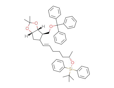 Molecular Structure of 1272414-19-3 (tert-butyl{[(1S,5E)-6-{(3aR,4R,6aS)-2,2-dimethyl-4-[(trityloxy)methyl]tetrahydro-3aH-cyclopenta[d][1,3]dioxol-5-yl}-1-methylhex-5-en-1-yl]oxy}diphenylsilane)