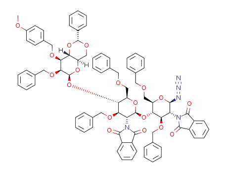 2-O-benzyl-4,6-O-benzylidene-3-O-((4-methoxyphenyl)methyl)-β-D-mannopyranosyl-(1->4)-3,6-di-O-benzyl-2-deoxy-2-phthalimido-β-D-glucopyranosyl-(1->4)-3,6-di-O-benzyl-2-deoxy-2-phthalimido-β-D-glucopyranosyl azide
