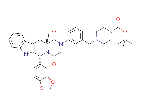 Molecular Structure of 1295647-22-1 (4-[3-[(6R,12aR)-6-benzo[1,3]dioxol-5-yl-1,4-dioxo-3,4,6,7,12,12a-hexahydro-1H-pyrazino[1',2':1,6]pyrido[3,4-b]indol-2-yl]benzyl]piperazine-1-carboxylic acid tert-butyl ester)