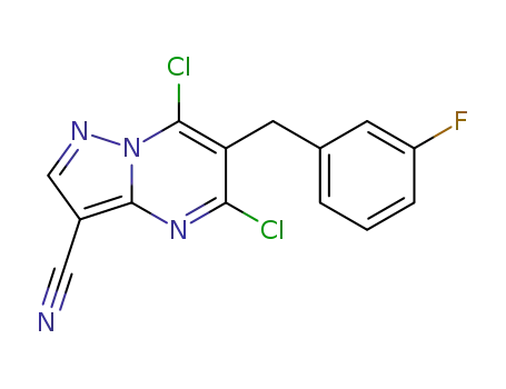 Molecular Structure of 1333257-58-1 (6-(3-fluorobenzyl)-5,7-dichloropyrazolo[1,5-a]pyrimidine-3-carbonitrile)