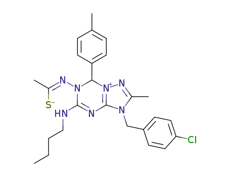 Molecular Structure of 820221-98-5 (Ethanethioamide,
N-[5-(butylimino)-3-[(4-chlorophenyl)methyl]-3,5-dihydro-2-methyl-7-(4-
methylphenyl)[1,2,4]triazolo[1,5-a][1,3,5]triazin-6(7H)-yl]-)