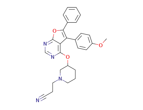 Molecular Structure of 1073135-87-1 ((+/-)-3-(3-{[5-(4-methoxyphenyl)-6-phenylfuro[2,3-d]pyrimidin-4-yl]oxy}piperidin-1-yl)propanenitrile)