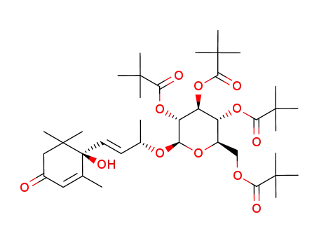 Molecular Structure of 863032-49-9 (2,2-Dimethyl-propionic acid (2R,3R,4S,5R,6R)-4,5-bis-(2,2-dimethyl-propionyloxy)-6-(2,2-dimethyl-propionyloxymethyl)-2-[(E)-(S)-3-((R)-1-hydroxy-2,6,6-trimethyl-4-oxo-cyclohex-2-enyl)-1-methyl-allyloxy]-tetrahydro-pyran-3-yl ester)