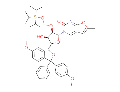 Molecular Structure of 682335-06-4 (3-{5-[bis-(4-methoxy-phenyl)-phenyl-methoxymethyl]-4-hydroxy-3-triisopropylsilanyloxymethoxy-tetrahydro-furan-2-yl}-6-methyl-3<i>H</i>-furo[2,3-<i>d</i>]pyrimidin-2-one)