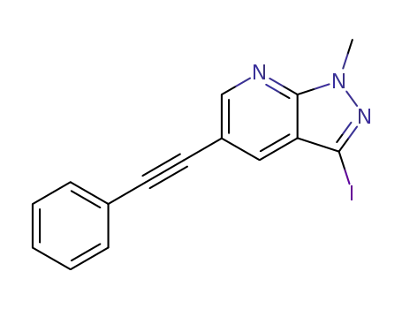 Molecular Structure of 766515-45-1 (1-methyl-3-iodo-5-phenylethynyl-1H-pyrazolo[3,4-b]pyridine)