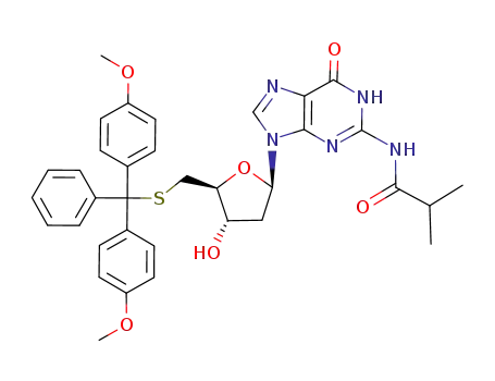 Molecular Structure of 500775-96-2 (<i>N</i>-(9-{5-[bis-(4-methoxy-phenyl)-phenyl-methylsulfanylmethyl]-4-hydroxy-tetrahydro-furan-2-yl}-6-oxo-6,9-dihydro-1<i>H</i>-purin-2-yl)-isobutyramide)