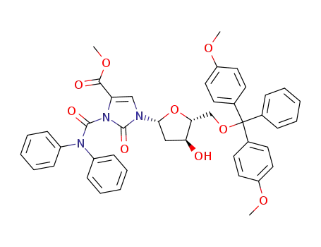 Molecular Structure of 855428-44-3 (1-{(2R,4S,5R)-5-[Bis-(4-methoxy-phenyl)-phenyl-methoxymethyl]-4-hydroxy-tetrahydro-furan-2-yl}-3-diphenylcarbamoyl-2-oxo-2,3-dihydro-1H-imidazole-4-carboxylic acid methyl ester)