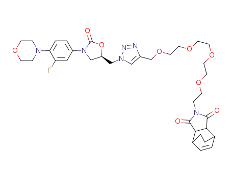 Molecular Structure of 1309042-01-0 ((R)-1-(1-(1-((3-(3-fluoro-4-morpholinophenyl)-2-oxooxazolidin-5-yl)methyl)-1H-1,2,3-triazol-4-yl)-2,5,8,11-tetraoxatridecan-13-yl)-2,3,3a,4,7,7a-hexahydro-1,3-dioxo-4,7-methanoisoindole)