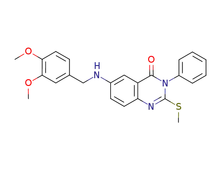 Molecular Structure of 897631-36-6 (4(3H)-Quinazolinone,
6-[[(3,4-dimethoxyphenyl)methyl]amino]-2-(methylthio)-3-phenyl-)