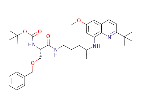 Molecular Structure of 925934-43-6 ((S)-{2-benzyloxy-1-[4-(2-tert-butyl-6-methoxy-8-quinolylamino)pentylcarbamoyl]ethyl}carbamic acid tert-butyl ester)