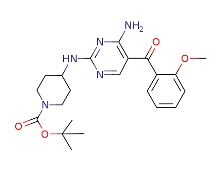 Molecular Structure of 741712-45-8 (1-Piperidinecarboxylic acid,
4-[[4-amino-5-(2-methoxybenzoyl)-2-pyrimidinyl]amino]-,
1,1-dimethylethyl ester)