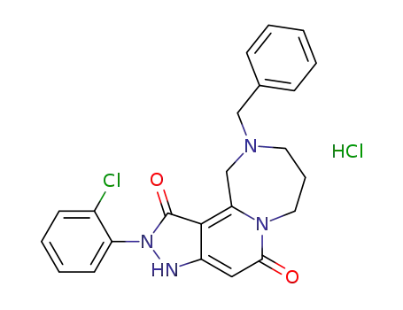 Molecular Structure of 1350522-73-4 (10-benzyl-2-(2-chlorophenyl)-2,3,8,9,10,11-hexahydro-1H-pyrazolo[4',3':3,4]pyrido[1,2-a][1,4]diazepine-1,5(7H)-dione hydrochloride)