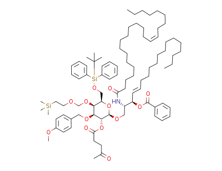 Molecular Structure of 910898-19-0 ((2S,3R,4E)-3-benzoyloxy-1-[6-O-(tert-butyldiphenylsilyl)-2-O-levulinyl-3-O-(4-methoxybenzyl)-4-O-{[β-(trimethylsilyl)ethoxy]methyl}-β-D-galactopyranosyloxy]-2-((Z)-tetracos-15-enoylamino)-octadec-4-ene)