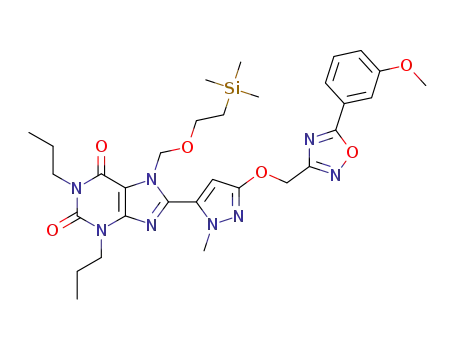 Molecular Structure of 1354696-65-3 (8-(3-{[5-(3-methoxyphenyl)-1,2,4-oxadiazol-3-yl]methoxy}-1-methyl-1H-pyrazol-5-yl)-1,3-dipropyl-7-{[2-(trimethylsilanyl)ethoxy]methyl}-3,7-dihydro-1H-purine-2,6-dione)