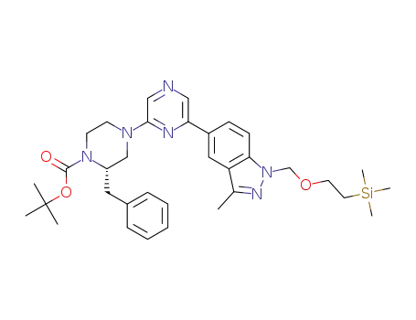 Molecular Structure of 956006-16-9 (2-[(S)-4-Boc-3-benzylpiperazinyl]-6-[3-methyl-1-(2-(trimethylsilyl)ethoxymethyl)-1H-indazol-5-yl]pyrazine)