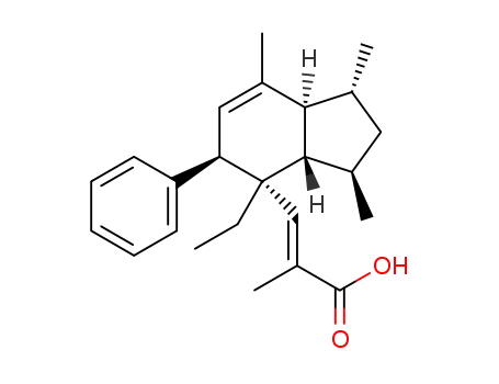 Molecular Structure of 143052-18-0 (2-Propenoic acid,3-[(1R,3R,3aR,4S,5S,7aR)-4-ethyl-2,3,3a,4,5,7a-hexahydro-1,3,7-trimethyl-5-phenyl-1H-inden-4-yl]-2-methyl-,(2E)-rel-(+)-)