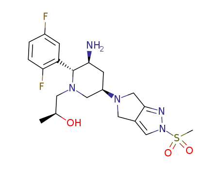 Molecular Structure of 1280208-74-3 ((2S)-1-{(2R,3S,5R)-3-amino-2-(2,5-difiuorophenyl)-5-[2-(methylsulfonyl)-2,6-dihydropyrrolo[3,4-c]pyrazol-5(4H)-yl]piperidin-1-yl}propan-2-ol)