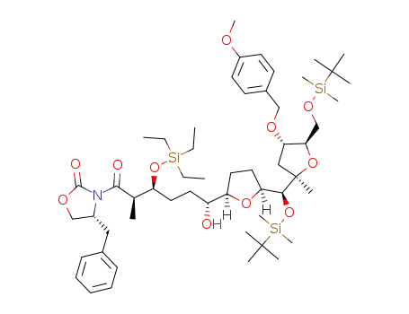 Molecular Structure of 1448328-64-0 ((R)-4-benzyl-3-((2R,3S,6R)-6-((2R,5S)-5-((S)-((tert-butyldimethylsilyl)oxy)((2R,4S,5R)-5-(((tert-butyldimethylsilyl)oxy)methyl)-4-((4-methoxybenzyl)oxy)-2-methyltetrahydrofuran-2-yl)methyl)tetrahydrofuran-2-yl)-6-hydroxy-2-methyl-3-((triethylsilyl)oxy)hexanoyl)oxazolidin-2-one)