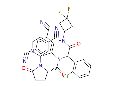 Molecular Structure of 1448347-64-5 ((2S)-N-(1-(2-Chlorophenyl)-2-((3,3-difluorocyclobutyl)amino)-2-oxoethyl)-1-(4-cyanopyridin-2-yl)-N-(3,5-dicyanophenyl)-5-oxopyrrolidine-2-carboxamide)