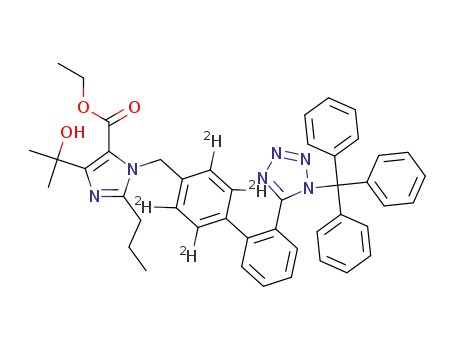 Molecular Structure of 1420880-39-2 (ethyl 4-(2-hydroxypropan-2-yl)-2-propyl-1-((2',3',5',6'-tetra-[<sup>2</sup>H]-2'-(1-trithyl-1H-terazol-5-yl)-biphenyl-4-yl)methyl)-1H-imidazole-5-carboxylate)